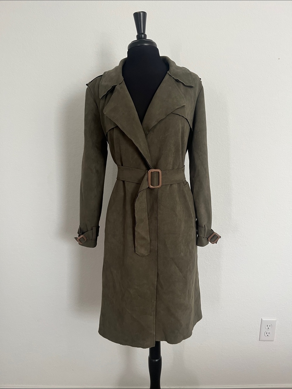 Anthropologie  Olive Green Suede Trench Coat with Belt - Picture 2 of 16